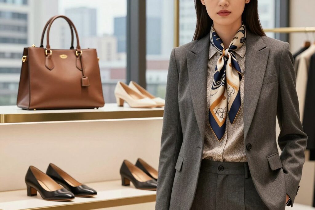 A stylish modern fashion scene featuring a female model in professional business attire, showcasing iconic layering techniques with various textures and patterns. In the foreground, the model confidently poses, wearing a tailored blazer over a textured blouse, complemented by a patterned scarf. The middle ground displays an artistic assortment of fashion accessories, such as a structured handbag and elegant shoes, showing different materials like leather and silk. The background features a cityscape, suggesting a chic urban setting, with soft, diffused lighting to create an elegant ambiance. The mood is sophisticated and inspiring, with a focus on the correct blending of layers, textures, and prints that exude confidence and style.