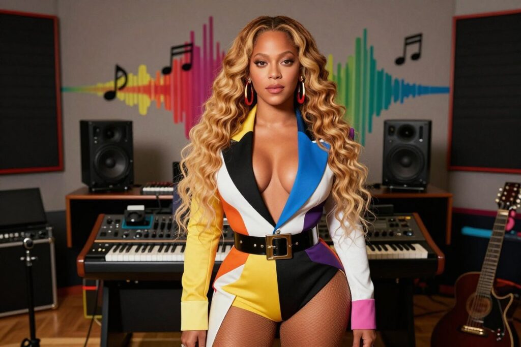 A stylish portrait of a confident female artist reminiscent of Beyoncé in 2026, centered in the foreground. She is wearing a fashionable, modern outfit with bold colors and striking accessories, conveying a sense of power and creativity. Her hair is styled in an elegant, contemporary fashion, complementing her strong expression. In the middle ground, include a vibrant music studio filled with instruments and sound equipment, suggesting an atmosphere of collaboration and innovation. The background features abstract music notes and colorful sound waves, signifying the excitement of new singles and collaborations. The lighting is bright and dynamic, casting lively shadows that enhance the energetic mood. Use a warm color palette to evoke a sense of positivity and anticipation for upcoming musical releases.