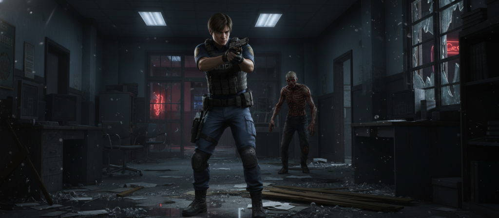 A suspenseful scene from the Resident Evil 2 Remake, showcasing Leon Kennedy in a dark, ominous police station. In the foreground, Leon stands ready with his gun drawn, wearing a modern tactical outfit. His determined expression reflects the tension of the moment. Surrounding him, detailed debris and flickering lights enhance the atmosphere of danger. In the middle ground, a menacing zombie lurks partially obscured by shadows, adding to the sense of dread. The background features dimly lit hallways and broken glass, with flickering neon lights casting eerie reflections. The overall mood is intense and creepy, captured with dramatic lighting and a slightly low-angle shot to emphasize the imminent threat.