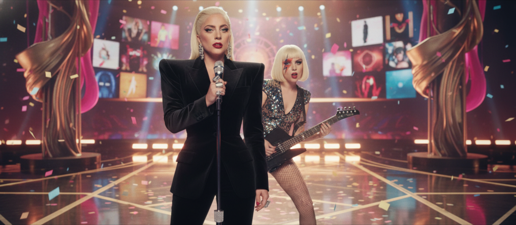 A vibrant and artistic portrayal of Lady Gaga's evolution, showcasing her transformation from her early career to her iconic status today. In the foreground, depict Lady Gaga in elegant, professional attire, reflecting her current style with bold accessories, while in the middle ground, transition to her earlier self in a more modest outfit, symbolizing her beginning years in the music industry. The background should include a dynamically lit stage with colorful lights that evoke a sense of glamour and ambition. Use a shallow depth of field for a cinematic look, capturing the essence of her musical journey. The atmosphere should feel inspirational and transformative, highlighting both her artistic expression and growth over the years. A vibrant and artistic portrayal of Lady Gaga's evolution, showcasing her transformation from her early career to her iconic status today. In the foreground, depict Lady Gaga in elegant, professional attire, reflecting her current style with bold accessories, while in the middle ground, transition to her earlier self in a more modest outfit, symbolizing her beginning years in the music industry. The background should include a dynamically lit stage with colorful lights that evoke a sense of glamour and ambition. Use a shallow depth of field for a cinematic look, capturing the essence of her musical journey. The atmosphere should feel inspirational and transformative, highlighting both her artistic expression and growth over the years.