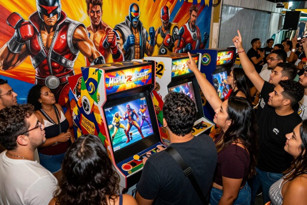 A vibrant and dynamic scene capturing the excitement of "Mortal Kombat 2" premiere in Brazil, featuring a crowd of enthusiastic fans dressed in casual clothing, celebrating around an arcade machine displaying graphics of iconic characters from the game. The foreground showcases diverse fans of various ages, their expressions a mix of joy and anticipation. The middle ground includes the arcade machine, surrounded by colorful decorations reflecting Brazilian culture. In the background, a mural painted with dynamic imagery of Mortal Kombat characters, brilliant colors, and lively street vibes. The scene is bathed in warm, glowing lighting evoking a festive atmosphere, captured from a slightly elevated angle to encompass the bustling energy of the event.