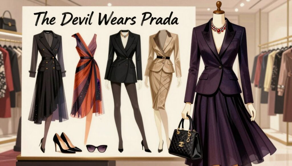 A vibrant fashion illustration inspired by "The Devil Wears Prada," showcasing a cinematic costume design. In the foreground, a mannequin dressed in an elegant, high-fashion outfit—a chic tailored blazer paired with a flowing skirt, accessorized with a statement necklace and designer handbag. The middle ground features an artfully arranged selection of iconic pieces resembling those worn by the characters, including stylish shoes and sunglasses, hinting at the diverse fashion styles portrayed in the film. The background reflects a luxurious boutique setting, with soft lighting that highlights the textures and colors of the fabrics. The atmosphere is aspirational, exuding sophistication and creativity, reminiscent of the fashion world. The image captures the essence of Patricia Field's impactful choices that have become aesthetic references in cinema.