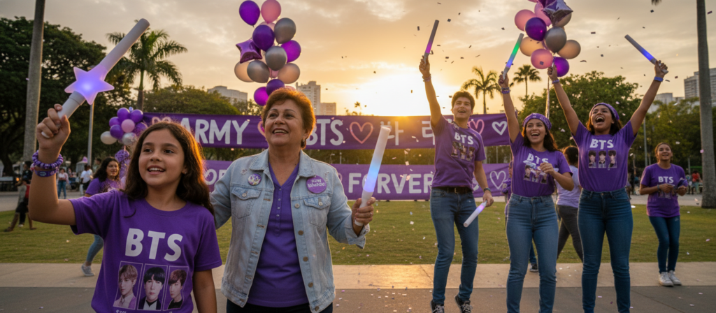 A vibrant scene showcasing a diverse group of Brazilian BTS fans expressing their enthusiasm and joy. In the foreground, several fans of various ages, including a young girl wearing a colorful BTS T-shirt, an older fan with a light denim jacket, and a group of friends in matching accessories, are joyfully holding up light sticks in a park setting. The middle ground features decorations like balloons and banners with heart symbols, enhancing the festive atmosphere. In the background, a beautiful sunset casts a warm golden light, creating an inviting and celebratory mood. The composition should be framed at eye level, with a slight tilt to capture the excitement in the expressions of the fans. The overall ambiance is vibrant and lively, reflecting the passion and energy of the Brazilian BTS fandom. A vibrant scene showcasing a diverse group of Brazilian BTS fans expressing their enthusiasm and joy. In the foreground, several fans of various ages, including a young girl wearing a colorful BTS T-shirt, an older fan with a light denim jacket, and a group of friends in matching accessories, are joyfully holding up light sticks in a park setting. The middle ground features decorations like balloons and banners with heart symbols, enhancing the festive atmosphere. In the background, a beautiful sunset casts a warm golden light, creating an inviting and celebratory mood. The composition should be framed at eye level, with a slight tilt to capture the excitement in the expressions of the fans. The overall ambiance is vibrant and lively, reflecting the passion and energy of the Brazilian BTS fandom.