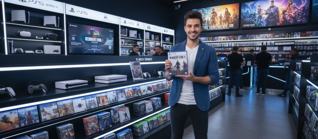 A vibrant scene showcasing a person browsing a high-tech gaming store, focused on a display featuring the "Resident Evil PS5" game prominently. In the foreground, a well-dressed male customer, wearing a smart casual outfit, examines a copy of the game, visibly excited. The middle section displays shelves filled with various gaming consoles, accessories, and game titles, with bright lighting highlighting the products. In the background, colorful promotional posters of Resident Evil and other popular games adorn the walls, enhancing the gaming atmosphere. The overall mood is energetic and engaging, inviting viewers to immerse themselves in the gaming experience, captured from a slightly angled perspective to add depth and dimension.