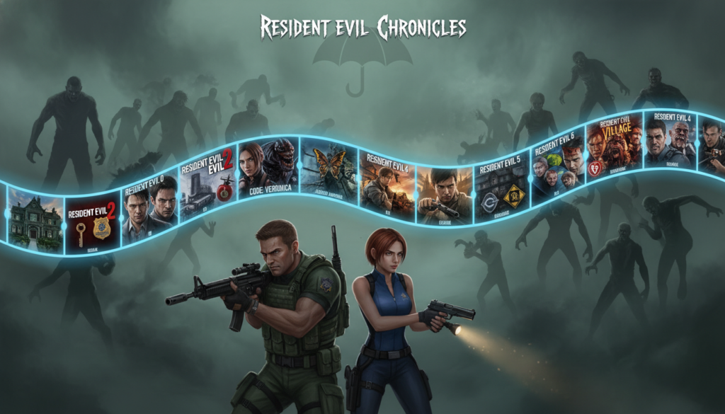 A visually captivating illustration showcasing the chronological order of all Resident Evil games, arranged like a timeline. In the foreground, iconic characters such as Chris Redfield and Jill Valentine are depicted in a heroic stance, dressed in their recognizable outfits. The middle layer features detailed imagery of game covers and key items from each title, arranged systematically from the first game to the latest release, with subtle glowing effects to indicate progression. The background displays a misty and ominous atmosphere, with shadowy silhouettes of zombies and mutated creatures, evoking the survival horror essence of the franchise. Use soft, diffuse lighting to create a dramatic contrast, simulating a cinematic feel, and frame the composition through a slightly angled perspective to enhance depth and intrigue.