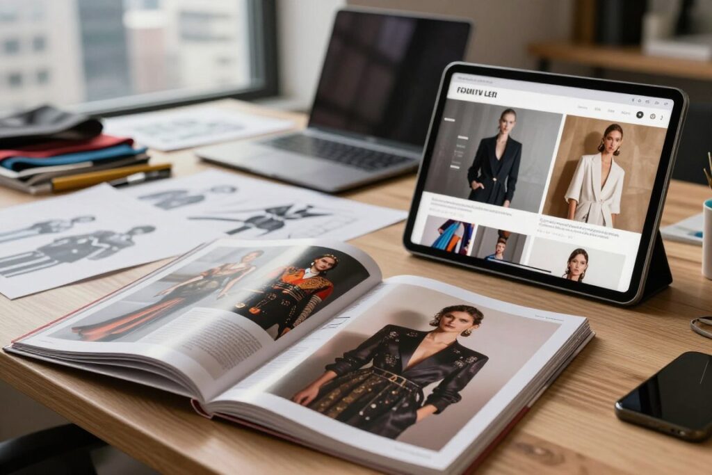 A visually striking comparison of printed fashion magazines versus digital fashion media. In the foreground, an elegantly styled fashion magazine opened to a vibrant editorial spread showcasing haute couture, with glossy pages reflecting soft light. Next to it, a sleek tablet displaying a fashion app, with a contemporary interface and bold visuals. In the middle ground, a stylish workspace featuring a designer's desk cluttered with sketches, fabric swatches, and a laptop, hinting at the creative process. The background shows a blurred city skyline through a window, symbolizing the fashion industry's evolution. The lighting is warm and inviting, creating a professional atmosphere that emphasizes both traditional and modern elements in fashion. The overall mood is sophisticated and dynamic, illustrating the transition from print to digital in the fashion world.