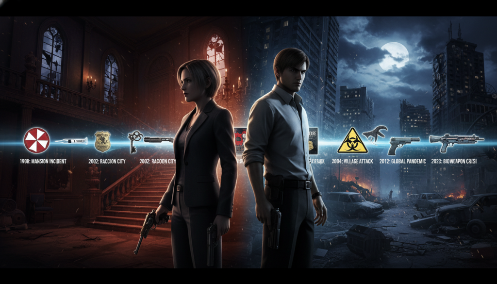 A visually striking composition depicting an organized timeline of the "Resident Evil" franchise, showcasing iconic characters and key elements from various game installments. In the foreground, highlight distinctive character silhouettes such as Jill Valentine and Leon Kennedy, dressed in professional attire suitable for a business casual setting. The middle layer features representative symbols and items like the Umbrella Corporation logo and various weapons, arranged chronologically. The background includes a dimly lit, atmospheric setting reminiscent of a haunted mansion or a post-apocalyptic cityscape, with ominous shadows and contrasting light sources creating depth and intrigue. Use a cinematic angle and warm, moody lighting to evoke suspense, capturing both the excitement and lore of the series.