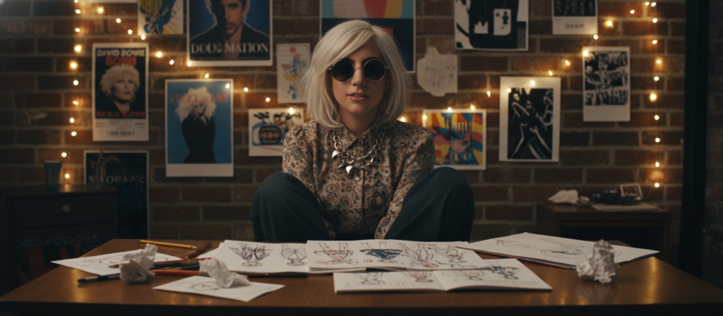 A young woman with an artistic flair, reminiscent of Lady Gaga in her early career, stands confidently in a cozy, dimly lit New York City apartment. She has striking platinum blonde hair styled in a messy bob and wears a vintage-inspired, modest casual outfit with bold accessories, such as oversized sunglasses and a unique statement necklace. In the foreground, she is seated at a wooden table filled with sketches and notebooks, hinting at her creative aspirations. The background shows a cluttered wall with posters of iconic singers and art, reflecting her influences. Soft, warm lighting enhances the intimate atmosphere, while a shallow depth of field focuses on her expression of determination and passion. The overall mood is one of hope and ambition, capturing the essence of her formative years before fame. A young woman with an artistic flair, reminiscent of Lady Gaga in her early career, stands confidently in a cozy, dimly lit New York City apartment. She has striking platinum blonde hair styled in a messy bob and wears a vintage-inspired, modest casual outfit with bold accessories, such as oversized sunglasses and a unique statement necklace. In the foreground, she is seated at a wooden table filled with sketches and notebooks, hinting at her creative aspirations. The background shows a cluttered wall with posters of iconic singers and art, reflecting her influences. Soft, warm lighting enhances the intimate atmosphere, while a shallow depth of field focuses on her expression of determination and passion. The overall mood is one of hope and ambition, capturing the essence of her formative years before fame.