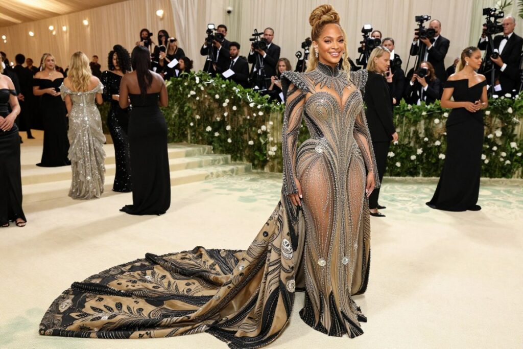Beyoncé at the Met Gala 2026, wearing an exquisite avant-garde gown, rich in intricate beadwork and luxurious fabric that flows elegantly around her. The dress features a dramatic train and a high collar, enhancing her regal presence. Her hair is styled in an elegant updo, adorned with glittering accessories that catch the light. In the foreground, she stands confidently with a radiant smile, showcasing her poised charisma. The middle ground features luxury guests in glamorous attire, while the background reveals the iconic Met steps and lavish decorations, illuminated with soft, ambient lighting. Capture the atmosphere filled with excitement and anticipation, emphasizing a vibrant and stylish celebration of fashion. The angle is slightly elevated to showcase the grandeur of the event.