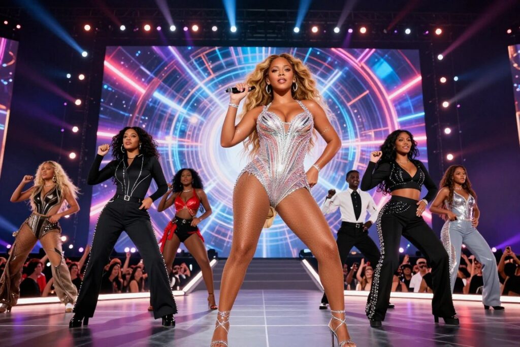 Beyoncé performing on stage during her Renaissance World Tour, with vibrant lights and a dazzling, futuristic backdrop. In the foreground, she is dressed in an elegant, sparkling outfit that reflects her iconic style, showcasing confidence and artistry. The middle ground features backup dancers in stylish, coordinated outfits, harmonizing with her movements. The background is filled with a stunning display of colorful stage lights and a cheering crowd, creating an electric atmosphere. Capture the scene with a dynamic angle that highlights the energy of the performance, using dramatic lighting to emphasize the excitement of the tour. The mood is celebratory and empowering, embodying the essence of Renaissance.