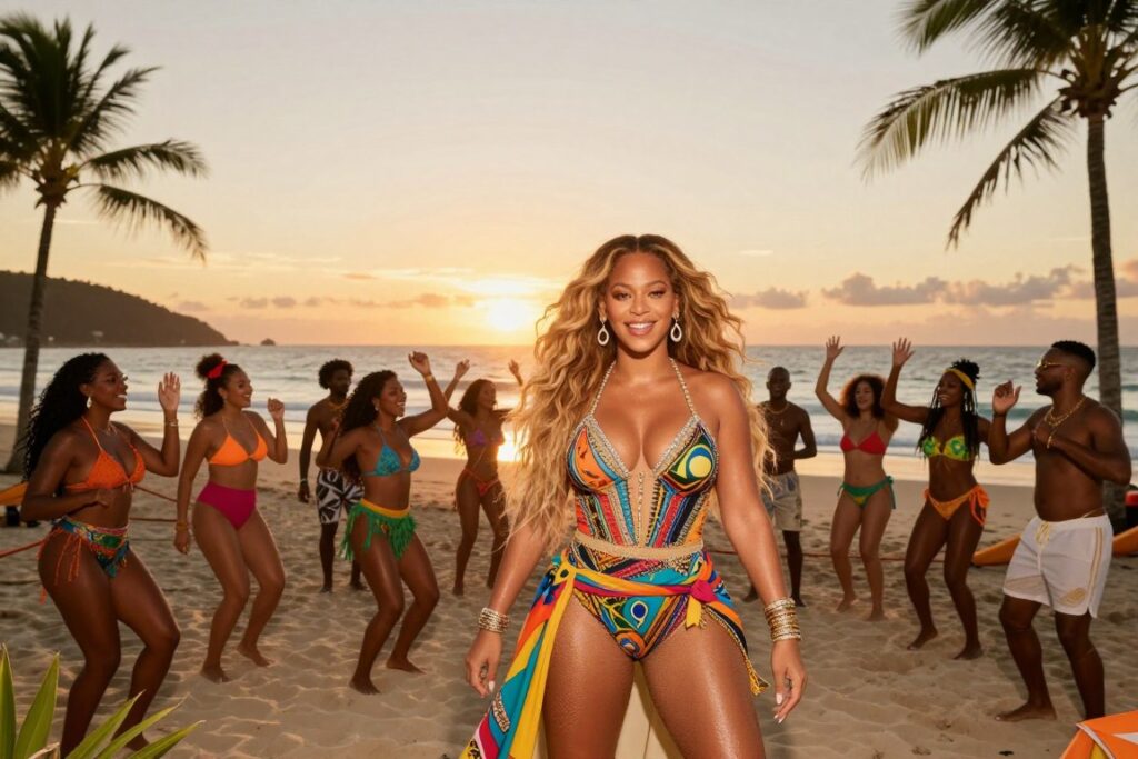 Beyoncé standing confidently at a vibrant Brazilian beach, dressed in a stylish and chic summer outfit, featuring colorful patterns that reflect Brazilian culture. In the foreground, focus on her joyful expression as she engages with her surroundings. In the middle, capture a dynamic group of diverse fans enjoying the beach, dancing and celebrating in a lively atmosphere, showcasing tropical decorations and accessories. The background features a stunning sunset over the ocean, bathed in warm golden and orange hues, with distant silhouettes of palm trees swaying in the gentle breeze. The lighting should be soft and warm, reminiscent of a carefree summer evening. Aim for a wide-angle perspective to encapsulate the joyful energy of the scene.