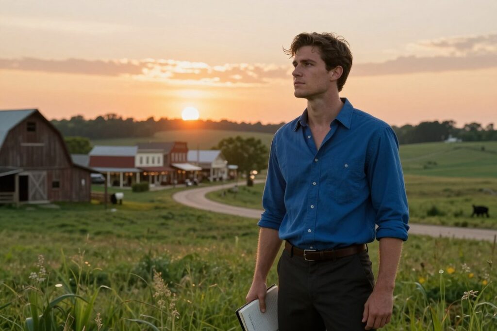 Clark Kent standing in a picturesque Smallville landscape, wearing a classic blue shirt with the top button undone and dark trousers, exuding a sense of earnest determination. The foreground features lush green fields and a rustic barn, with Clark holding a notebook in one hand, symbolizing his journalist aspirations. In the middle ground, a winding dirt road leads towards a quaint small-town main street dotted with vintage storefronts, evoking a nostalgic atmosphere. The background showcases a golden sunset, casting a warm orange glow across the scene, enhancing the calm and hopeful vibe. The image is lit naturally, creating soft shadows on Clark's face, as a slight breeze tousles his hair. The angle captures him slightly from the side, adding depth and focus to the iconic small-town charm of Smallville.