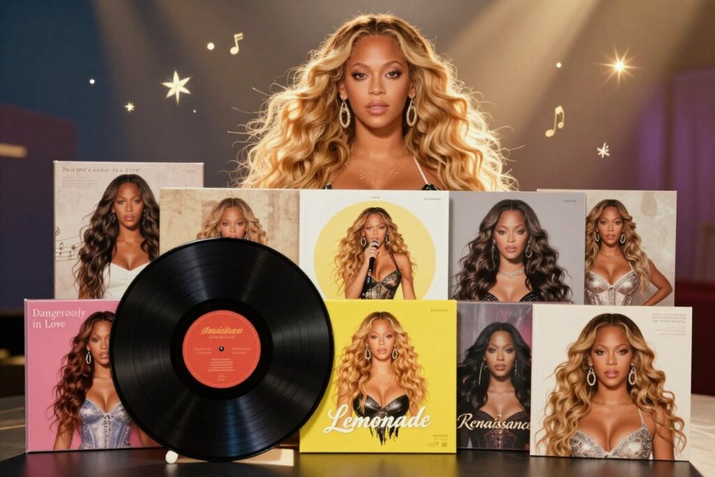 Create an artistic representation of Beyoncé's discography showcasing her album covers arranged in a visually striking manner. In the foreground, feature a large vinyl record symbolizing her musical impact, surrounded by smaller illustrated replicas of her iconic album covers, including "Dangerously in Love," "Lemonade," and "Renaissance." In the middle ground, add subtle elements like musical notes and glittering stars that give a celebratory vibe. The background should blend warm, rich colors with soft beams of light that evoke a sense of nostalgia and triumph in the music industry. The scene should be vibrant and energetic, capturing the essence of Beyoncé as a groundbreaking artist. Use soft focus and a slight lens flare to create a dreamy, whimsical atmosphere.