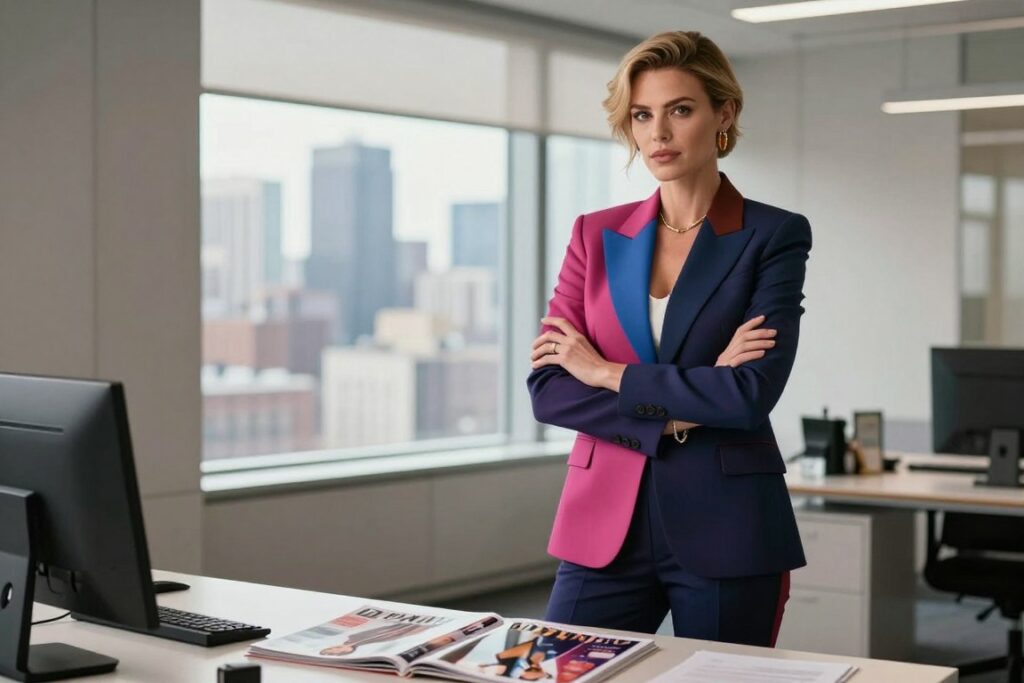 Emily Charlton stands confidently in a chic, modern office environment, showcasing her ambition and sharp wit. She is dressed in a tailored, high-fashion suit with bold colors, complemented by stylish accessories. Her hair is perfectly styled, capturing the essence of a fashion-forward professional. In the foreground, a glossy magazine featuring fashion trends lies on a sleek desk, hinting at her role in the industry. In the middle, a soft-focus window reveals a bustling city skyline, symbolizing opportunity and competition. The lighting is bright and elegant with soft shadows, creating a dynamic atmosphere. The angle captures her poised stance and determined expression, embodying the blend of humor and ambition that defines her character.