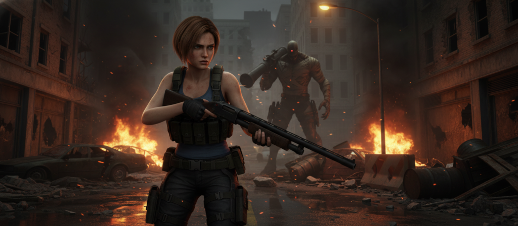 In a tense urban environment inspired by the Resident Evil 3 Remake, the foreground features Jill Valentine, clad in tactical gear and holding a firearm, displaying determination. Her expression captures the essence of survival amid chaos. The middle ground showcases a dilapidated street littered with debris, fire, and remnants of a ruined city, accentuating the sense of danger. In the background, a roaring Nemesis looms, partially obscured by shadows, his menacing presence creating an atmosphere of fear and urgency. The scene is illuminated by a dramatic, flickering streetlight casting contrasting shadows, enhancing the game's horror aesthetic. Capture this moment from a low angle to emphasize the scale of the threat, creating an intense and immersive experience.