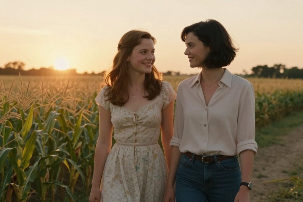 Lana Lang and Lois Lane standing together in a picturesque Smallville scene, with tall cornfields gently swaying in the breeze. Lana, in a modest sundress, showcases her warm smile and soft brown hair, while Lois, dressed in a professional blouse and casual jeans, exudes confidence with her short dark hair. They share a moment of camaraderie, leaning slightly towards each other, their expressions reflecting friendship and mutual support. The sun sets in the background, casting a golden light over the landscape, enhancing the warm, nostalgic atmosphere. Use a shallow depth of field to focus on their faces while softly blurring the beautiful Smallville backdrop, capturing a blend of romance, choices, and the journey of Clark Kent depicted in this iconic setting.