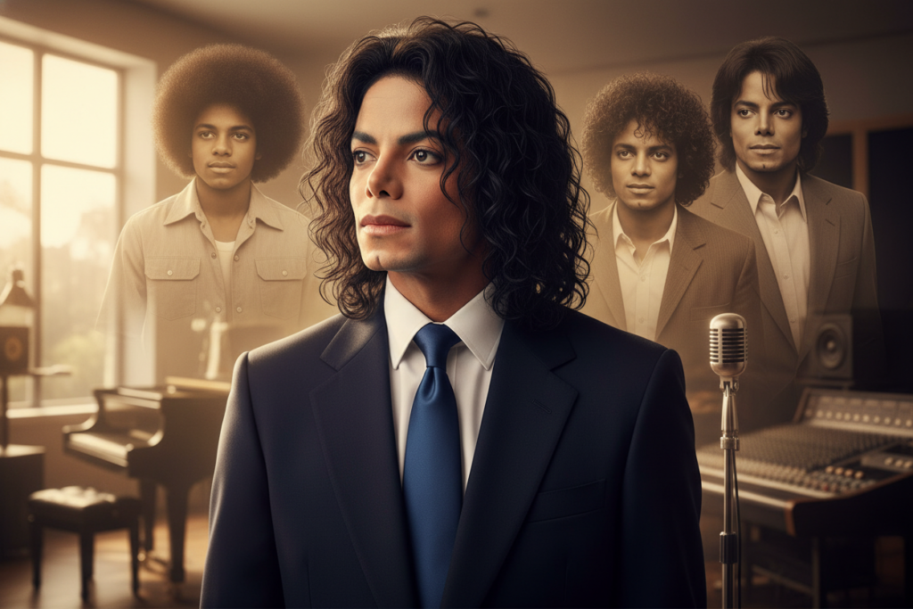 Michael Jackson, dressed in a professional business suit, stands in a well-lit room, his iconic hairstyle showcased prominently. The foreground features Michael with close-up focus on his hair, revealing its unique texture and style evolution over the years. His expression is thoughtful, reflecting on the changes he experienced. In the middle ground, various images fade into view, depicting stages of his career and hair transformations, subtly blended to narrate his story. The background features muted tones of a music studio, with softly illuminated instruments hinting at his musical legacy. The atmosphere is reflective and intriguing, captured with natural lighting to evoke a sense of nostalgia and curiosity. The lens angle offers a slightly upward perspective, emphasizing his iconic status in music history.