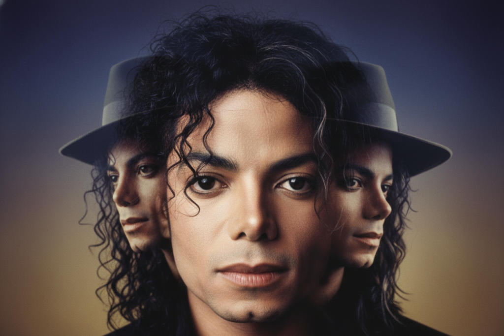 Michael Jackson in a professional setting, showcasing his evolving hairstyles from the 1980s to the 2000s. In the foreground, a close-up of his face reveals the transformation of his hair texture and style, highlighting the effects of his medical challenges, such as hair loss and scarring. In the middle ground, a subtle blend of different stages of his career, from the iconic curls of "Thriller" to the straighter locks of the 90s, soft lighting creating a nostalgic yet somber atmosphere. The background features a gradient of colors representing the highs and lows of his life. Use a portrait lens with a shallow depth of field to create intimacy while focusing on the emotional weight of his journey. Michael Jackson in a professional setting, showcasing his evolving hairstyles from the 1980s to the 2000s. In the foreground, a close-up of his face reveals the transformation of his hair texture and style, highlighting the effects of his medical challenges, such as hair loss and scarring. In the middle ground, a subtle blend of different stages of his career, from the iconic curls of "Thriller" to the straighter locks of the 90s, soft lighting creating a nostalgic yet somber atmosphere. The background features a gradient of colors representing the highs and lows of his life. Use a portrait lens with a shallow depth of field to create intimacy while focusing on the emotional weight of his journey.