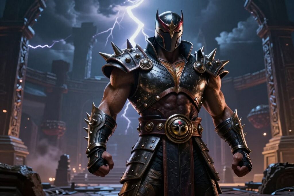 Shao Kahn from Mortal Kombat 2 stands menacingly in the foreground, wearing his iconic spiked armor and a menacing helmet that emphasizes his strong, muscular build. His expression conveys dominance and fury. The middle ground features a stylized arena setting, with ancient ruins and glowing shadows, hinting at a mystical battle environment. The background displays an ominous sky filled with dark clouds and flashes of lightning, creating a dramatic, tense atmosphere. The lighting is moody, with a soft spotlight illuminating Shao Kahn, highlighting the intricate details of his armor. The scene is rendered in high resolution, capturing the epic scale and intensity of the Mortal Kombat universe, evoking a sense of anticipation for battle.