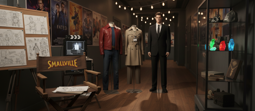 A captivating behind-the-scenes chamber of a Smallville set, showcasing iconic props and creative tools used during filming. In the foreground, a vintage director's chair with the Smallville logo, surrounded by detailed storyboard sketches and filming equipment. The middle features an arrangement of authentic costumes worn by the cast, displayed elegantly on mannequins, casting soft shadows. In the background, a dimly lit corridor lined with production posters, creating an atmosphere of nostalgia and creativity. Soft, warm lighting illuminates the scene, suggesting a cozy yet intriguing mood, reminiscent of the camaraderie in the show's production. The image captures the essence of movie magic, inviting viewers to explore the untold secrets behind Smallville's beloved series.