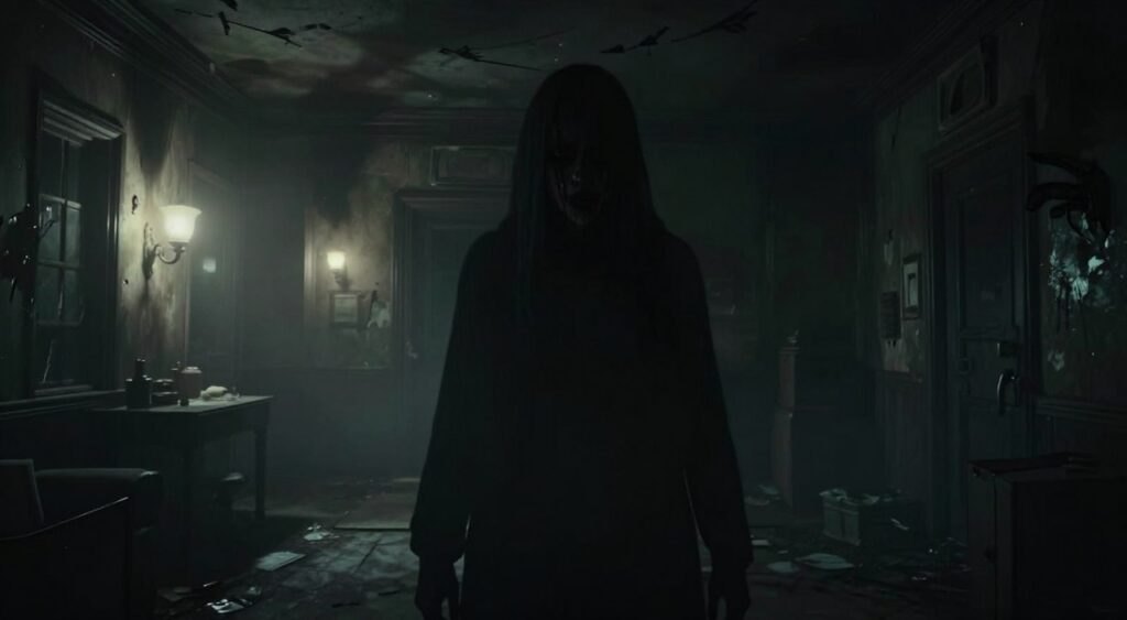 A chilling scene depicting psychological horror in a dimly lit, eerie environment inspired by PlayStation 5 horror games. In the foreground, a shadowy figure stands, shrouded in dark mist, with unsettling facial features partially obscured. The middle ground features a dilapidated and decrepit room, showing fractured walls and flickering lights that create a sense of dread. In the background, ominous shadows claw at the corners, hinting at unseen horrors. The lighting is low and atmospheric with sharp contrasts, reminiscent of film noir, casting haunting silhouettes. The overall tone is suspenseful and unsettling, inviting viewers to explore the depths of fear and dread experienced in psychological terror games. The image is constructed with a wide-angle lens to enhance the feeling of claustrophobia and despair.