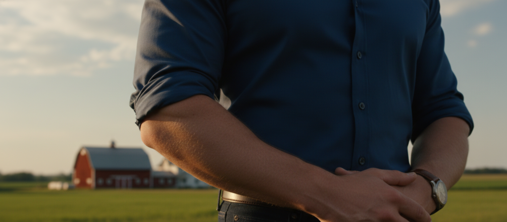 A close-up of Clark Kent's muscular arms, showcasing their impressive transformation over time. The foreground features his strong, toned forearms clad in a fitted blue shirt, hinting at his superhero identity. In the middle, highlight the contrast between his casual look and the strength suggested by his physique. The background includes a blurred Smallville landscape, like a farm or the iconic Kent barn, to set the scene authentically. Use natural lighting to create a warm, inviting atmosphere, emphasizing the sinewy details of his arms. The angle is slightly below eye level, giving him a heroic perspective. The mood is empowering and nostalgic, reflecting the journey of Clark Kent as a character. Ensure the image remains professional and appropriate for all audiences.