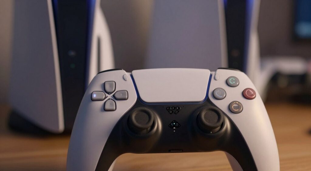 A close-up shot of a PlayStation DualSense controller with a low battery warning indicator glowing on the screen, set against a blurred background of a gaming setup featuring a sleek PS5 console. The foreground should emphasize the controller's sleek design, with attention to detail on the charging port and battery indicator light. Soft, ambient lighting casts a warm glow on the controller, creating a focused mood that conveys urgency. The depth of field adds a sense of isolation to the controller, underlining the theme of battery conservation. The overall atmosphere is one of concern and strategy, inviting viewers to consider battery-saving techniques for their gaming experience.
