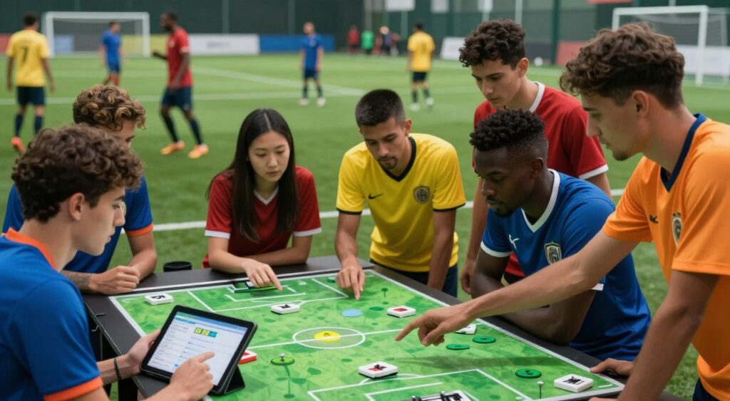 A competitive FIFA 17 team concept, featuring a diverse group of players in colorful jerseys, collaborating on a digital soccer strategy board. In the foreground, a focused young male player points at the tactics displayed on a tablet, while a diverse group of fellow players, including an Asian woman and a Black man, analyze the formations with determination. The middle ground showcases an intense training atmosphere, with a soccer field depicted, where other players practice passing drills in the background. Soft, ambient lighting creates an energetic mood, highlighting the players' expressions of teamwork and strategy. Set the scene with a shallow depth of field to emphasize the players in focus while blurring the surrounding field.