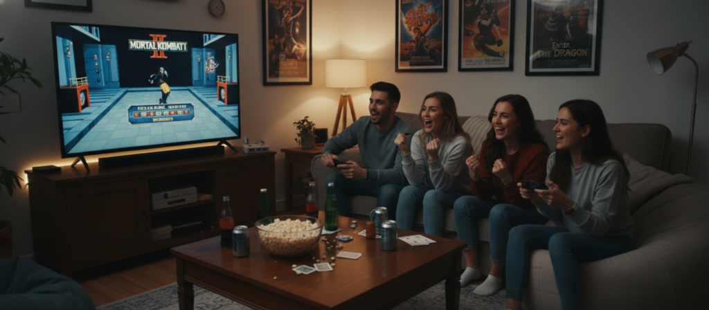 A cozy living room scene showcasing a group of friends excitedly watching "Mortal Kombat II" in high definition on a large flat-screen TV. The foreground includes a stylish coffee table scattered with popcorn and drinks, creating a casual and inviting atmosphere. In the middle, the friends, dressed in comfortable yet modest casual clothing, display animated expressions of joy and anticipation, enhancing the sense of fun and camaraderie. The background features dimmed lights and gaming posters, contributing to the ultimate viewing experience. Soft warm lighting illuminates the scene, creating a relaxed vibe that emphasizes the excitement of enjoying a classic film together. The angle is slightly elevated, giving a cinematic perspective to the engaging moment. A cozy living room scene showcasing a group of friends excitedly watching "Mortal Kombat II" in high definition on a large flat-screen TV. The foreground includes a stylish coffee table scattered with popcorn and drinks, creating a casual and inviting atmosphere. In the middle, the friends, dressed in comfortable yet modest casual clothing, display animated expressions of joy and anticipation, enhancing the sense of fun and camaraderie. The background features dimmed lights and gaming posters, contributing to the ultimate viewing experience. Soft warm lighting illuminates the scene, creating a relaxed vibe that emphasizes the excitement of enjoying a classic film together. The angle is slightly elevated, giving a cinematic perspective to the engaging moment.