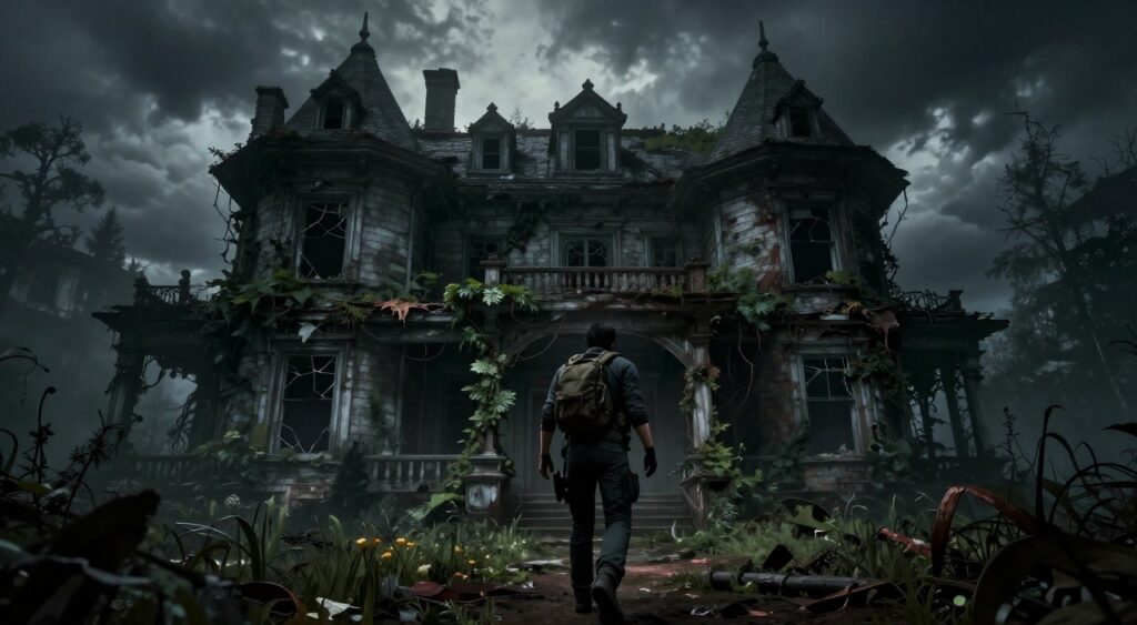 A dark, atmospheric scene representing a new storyline in a Resident Evil-inspired universe. In the foreground, a hero character, dressed in tactical yet modest clothing, cautiously approaches a dilapidated mansion overgrown with twisted flora, hinting at past horrors. The middle ground showcases shattered windows and shadowy figures lurking, adding tension and uncertainty. In the background, a stormy sky looms, casting dramatic, diffused light that creates eerie shadows across the scene. The overall mood is suspenseful and foreboding, filled with an ominous sense of discovery. Emphasize dark color palettes and detailed textures to evoke a chilling, immersive atmosphere. The scene should be depicted from a slightly low angle to enhance the scale and intensity of the mansion. A dark, atmospheric scene representing a new storyline in a Resident Evil-inspired universe. In the foreground, a hero character, dressed in tactical yet modest clothing, cautiously approaches a dilapidated mansion overgrown with twisted flora, hinting at past horrors. The middle ground showcases shattered windows and shadowy figures lurking, adding tension and uncertainty. In the background, a stormy sky looms, casting dramatic, diffused light that creates eerie shadows across the scene. The overall mood is suspenseful and foreboding, filled with an ominous sense of discovery. Emphasize dark color palettes and detailed textures to evoke a chilling, immersive atmosphere. The scene should be depicted from a slightly low angle to enhance the scale and intensity of the mansion.