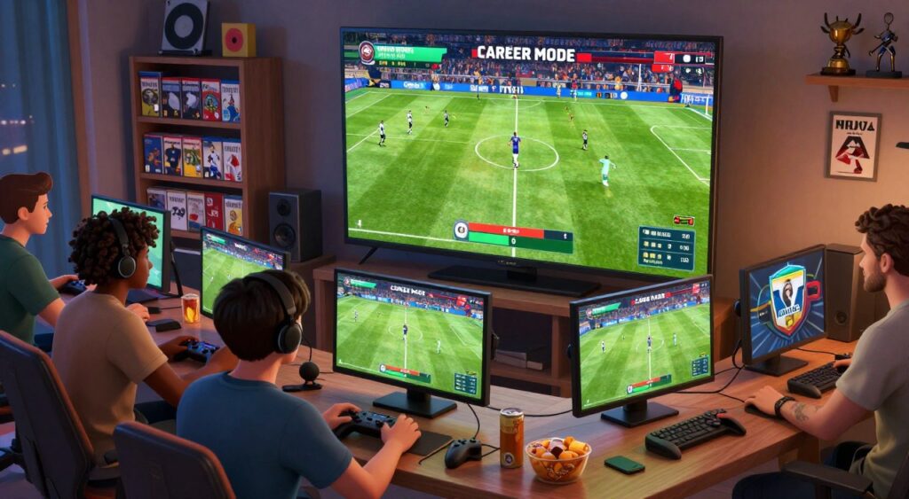 A detailed illustration showing how to play FIFA 17's Career Mode, set within a vibrant gaming environment. In the foreground, a diverse group of dedicated gamers, including a woman in casual attire, are intensely focused on their gaming consoles, surrounded by game controllers and snacks. In the middle ground, a large television displays a dynamic scene from FIFA 17, showcasing players on the pitch during a Career Mode match, with indicators highlighting player statistics and goals. The background features shelves lined with FIFA game editions and memorabilia, creating a nostalgic atmosphere. Soft, warm lighting illuminates the space, enhancing the excitement and camaraderie among the players, while a slight angle from the top adds depth to the scene, capturing the immersive gaming experience.