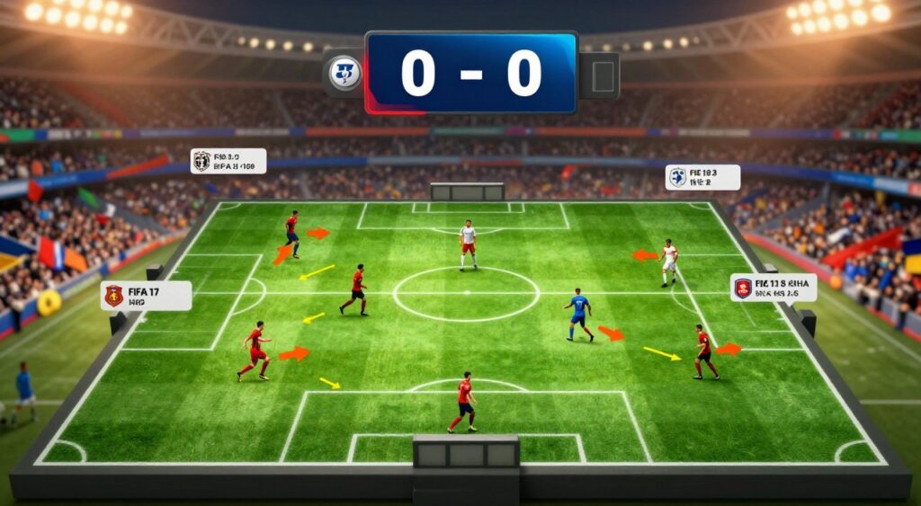 A detailed tactical board depicting a FIFA 17 soccer matchup, illustrating formations for counter-attacks and high pressing strategies. In the foreground, a digital soccer field layout with animated arrows showing players' movements and positions, incorporating bright colors for clarity. The middle ground features a large digital scoreboard displaying 0-0, while strategic instruction notes appear beside each formation. The background showcases a blurred but vibrant stadium filled with enthusiastic fans, bathed in warm, ambient lighting to create an energetic atmosphere. A slight overhead angle captures the tactical layout effectively and invites viewers into the action, conveying a sense of urgency and excitement. This scene encapsulates the dynamic nature of FIFA 17's tactical gameplay, emphasizing preparation and strategy.
