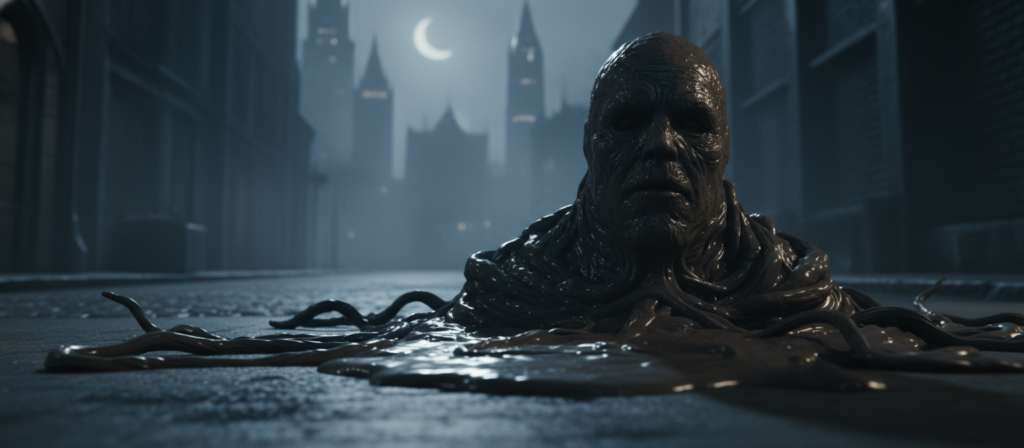 A dramatic and eerie scene showcasing "Clayface" from the DC Universe, embodying his clay-like powers. In the foreground, depict a semi-melted, expressionless face made of dark, glossy clay, merging with tendrils of mud that pool around his form. The middle ground features a shadowy, urban setting reminiscent of Gotham City, under pale moonlight, casting long shadows that create a feeling of suspense. In the background, looming skyscrapers are partially obscured by mist, adding to the ominous atmosphere. Use low-angle lighting to enhance the sinister quality of Clayface’s features, and implement a shallow depth of field to focus on the clay face. The overall mood should evoke a sense of unease and transformation, capturing the essence of a horror film.
