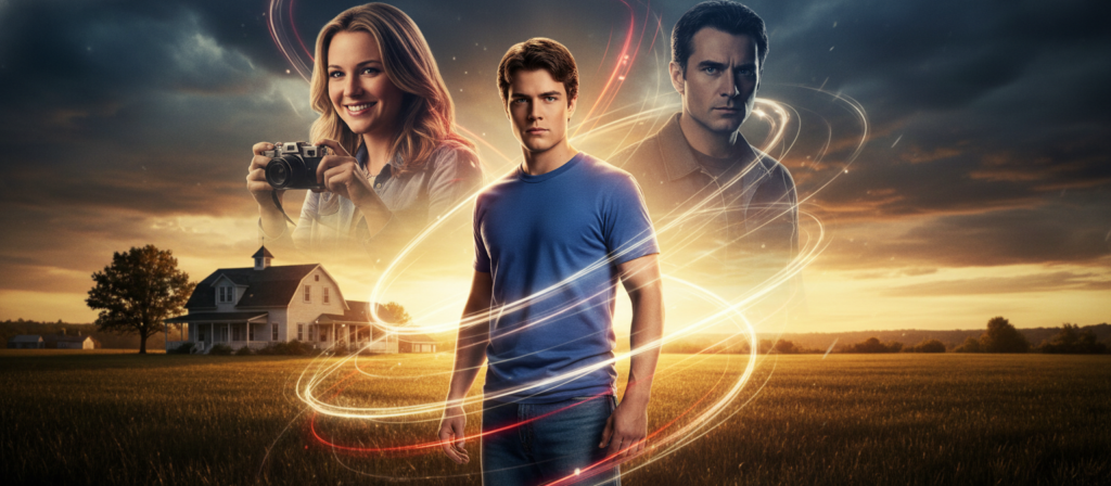A dramatic depiction of key narrative themes and arcs from "Smallville," set in a stylized representation of the iconic Kent farmhouse. In the foreground, a young man in modest casual attire stands confidently, representing Clark Kent, with a determination in his eyes. Around him, ethereal imagery of friendship, conflict, and heroism manifests as swirling colors and faint outlines of characters like Chloe Sullivan and Lex Luthor, symbolizing their complex relationships. The middle ground features the Kent farm with a sunset casting warm, golden light, creating an inspiring atmosphere. In the background, dark storm clouds gather, hinting at the challenges and moral dilemmas faced in the series. The overall mood is one of nostalgia and hope, reflecting the unforgettable narrative journey of "Smallville." Soft focus enhances the depth, creating a cinematic quality.
