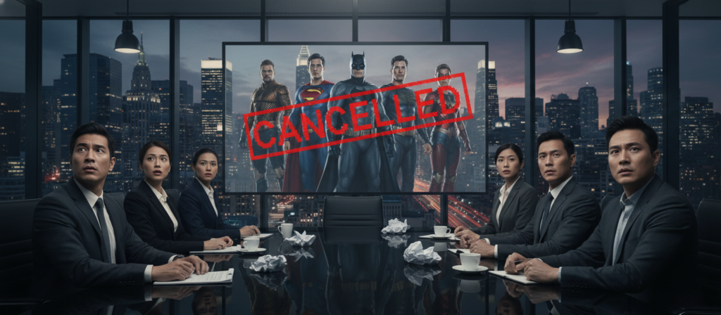 A dramatic scene depicting a high-stakes boardroom meeting within a modern film studio. The foreground features a diverse group of executives in professional business attire, with expressions of concern and disbelief, gathered around a sleek conference table. In the middle ground, a large screen displays images of iconic DC Comics superheroes, partially obscured with a "Cancelled" stamp. The background showcases glass walls with a view of the bustling city skyline, hinting at the contrast between the vibrant hero narratives and the somber reality of canceled projects. The lighting is dim with focused spotlights on the executives, creating a tense atmosphere. The composition conveys disappointment and the weight of important decisions within the film industry.