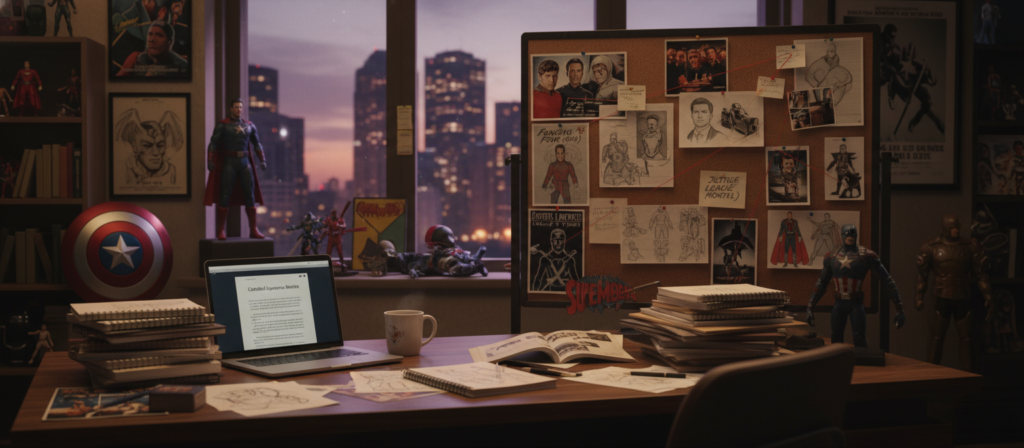 A dramatic scene set in a cozy, dimly lit office filled with superhero memorabilia, such as posters, action figures, and vintage movie props. In the foreground, a wooden desk cluttered with notebooks, sketches, and a laptop displaying an open document titled "Canceled Superhero Movies." The middle ground features a corkboard pinned with images and notes about various superhero films that never made it to theaters. In the background, a large window casts soft, warm light, revealing a city skyline at twilight. The atmosphere is nostalgic and contemplative, evoking a sense of curiosity and wonder about the untold stories of these heroes. Use a shallow depth of field to focus on the desk and corkboard while gently blurring the background lights.