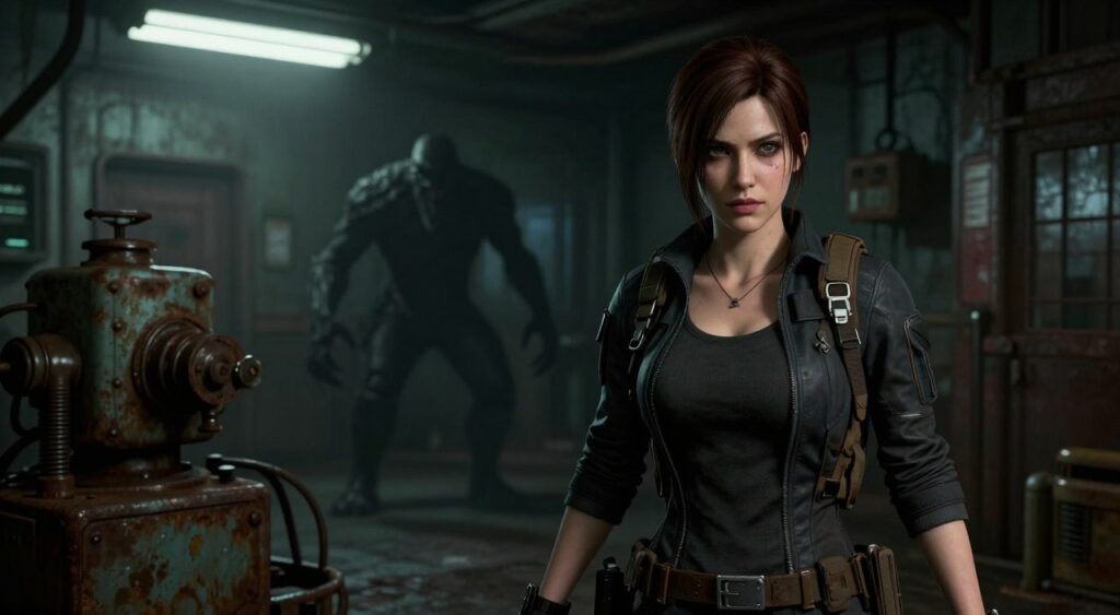 A dramatic scene showcasing the iconic characters from Resident Evil Code Veronica, with Claire Redfield in a detailed, realistic redesign, wearing a tactical outfit, and strategically positioned in the foreground. The middle ground features the eerie, dimly-lit setting of the Umbrella facility, filled with classic elements like rusted machinery and flickering fluorescent lights, creating a tense atmosphere. In the background, a shadowy silhouette of a terrifying monster lurks, hinting at the danger inherent in the game. The image should utilize a cinematic angle with a shallow depth of field, casting ominous lighting that enhances the horror vibe. The colors should be dark and muted, underscoring the survival horror theme while providing a contrast to the characters, evoking tension and nostalgia from the original game.