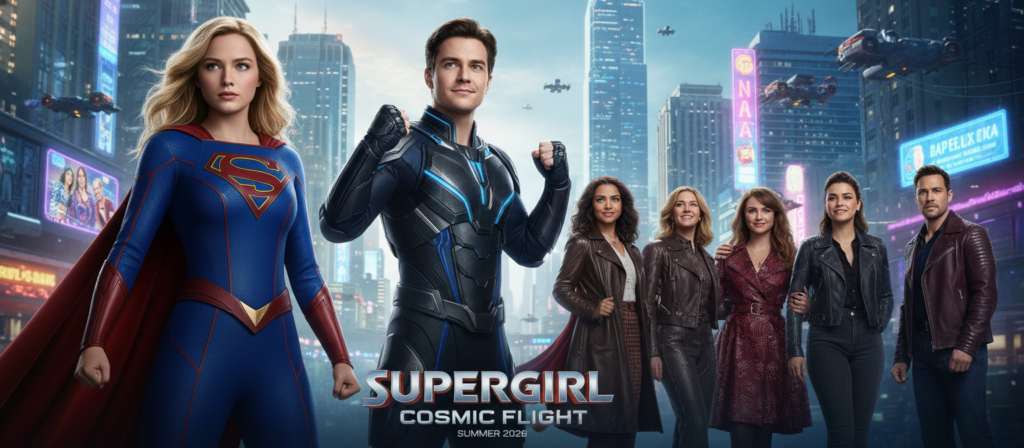 A dynamic and vibrant depiction of the cast of the upcoming Supergirl movie set in 2026. In the foreground, showcase two main actors dressed in sleek superhero costumes, with one featuring the iconic Supergirl emblem. They are posed heroically, displaying confidence and strength. In the middle ground, include the supporting cast, all dressed in stylish, modern attire, conveying a sense of camaraderie and teamwork. The background features a futuristic city skyline, softly illuminated by the glow of neon lights, creating an energetic atmosphere. Use soft, dramatic lighting to highlight the characters’ facial expressions and enhance the heroic mood. Capture the image from a slightly low angle to give the impression of larger-than-life heroes, focusing on a cinematic perspective suitable for a film poster. A dynamic and vibrant depiction of the cast of the upcoming Supergirl movie set in 2026. In the foreground, showcase two main actors dressed in sleek superhero costumes, with one featuring the iconic Supergirl emblem. They are posed heroically, displaying confidence and strength. In the middle ground, include the supporting cast, all dressed in stylish, modern attire, conveying a sense of camaraderie and teamwork. The background features a futuristic city skyline, softly illuminated by the glow of neon lights, creating an energetic atmosphere. Use soft, dramatic lighting to highlight the characters’ facial expressions and enhance the heroic mood. Capture the image from a slightly low angle to give the impression of larger-than-life heroes, focusing on a cinematic perspective suitable for a film poster.