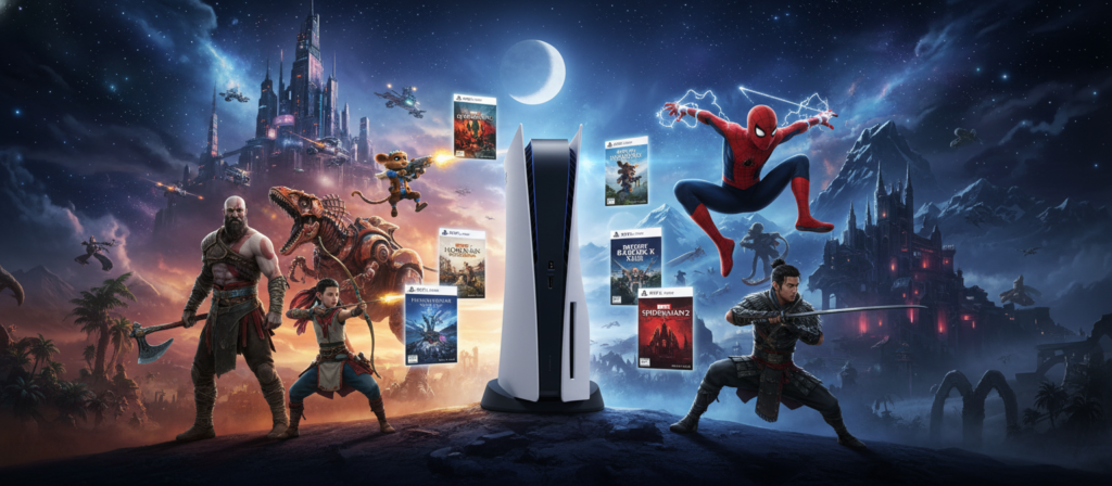 A dynamic and vibrant scene showcasing the most anticipated exclusive PS5 games. In the foreground, highlight iconic characters from various game franchises, each in a dynamic pose, showcasing their unique abilities and designs. The middle ground features a sleek, futuristic PS5 console, subtly illuminated with a blue glow, surrounded by game covers artistically arranged. In the background, a captivating digital landscape embodies fantastical worlds from the games, complete with towering structures, lush environments, and a starry night sky. Utilize dramatic lighting to create an intense atmosphere, emphasizing the excitement surrounding the upcoming titles. Aim for a cinematic angle as if the viewer is immersed in this exciting gaming universe.
