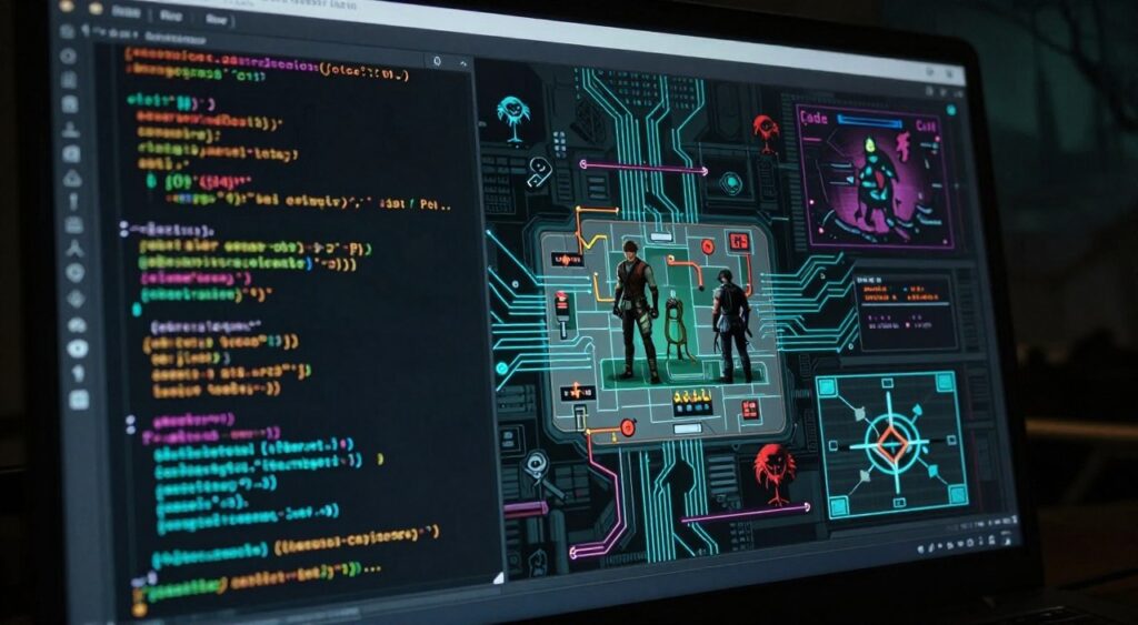 A dynamic digital artwork representing the technical modifications in Resident Evil Code Veronica. In the foreground, a close-up of a computer code interface, highlighting lines of complex code and visual maps of game mechanics. The middle ground features a stylized representation of iconic game elements like the main character's equipment and various enemies, all interconnected with digital circuitry. In the background, a dark, atmospheric environment reminiscent of the game's haunting settings, with shadows and subtle hints of the Raccoon City backdrop. The lighting is moody and dramatic, casting an eerie glow on the code and highlighting the intricacies of the game's technical aspects. The overall mood should evoke intrigue and nostalgia for gamers familiar with the franchise, emphasizing the evolution of game design. A dynamic digital artwork representing the technical modifications in Resident Evil Code Veronica. In the foreground, a close-up of a computer code interface, highlighting lines of complex code and visual maps of game mechanics. The middle ground features a stylized representation of iconic game elements like the main character's equipment and various enemies, all interconnected with digital circuitry. In the background, a dark, atmospheric environment reminiscent of the game's haunting settings, with shadows and subtle hints of the Raccoon City backdrop. The lighting is moody and dramatic, casting an eerie glow on the code and highlighting the intricacies of the game's technical aspects. The overall mood should evoke intrigue and nostalgia for gamers familiar with the franchise, emphasizing the evolution of game design.