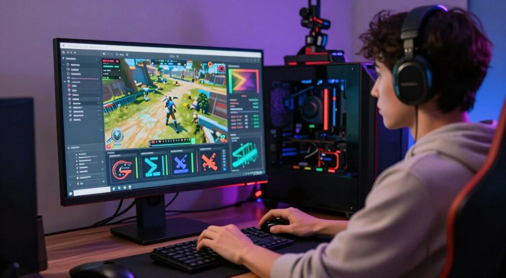 A dynamic digital workspace featuring a focused gamer adjusting graphics and network settings on a high-end gaming PC. In the foreground, the gamer, wearing casual but neat clothing, intently navigates a colorful interface filled with graphical options and metrics. The middle ground showcases a sleek monitor displaying an online game in action, with various performance stats illuminated stylishly. The background includes ambient lighting from LED strips and gaming paraphernalia, giving a tech-savvy atmosphere. Soft, focused lighting highlights the subject while a slightly blurred depth-of-field creates an engaging contrast. The overall mood evokes concentration and enthusiasm for enhancing gaming performance and reducing lag, with a vibrant color palette that suggests excitement and innovation.