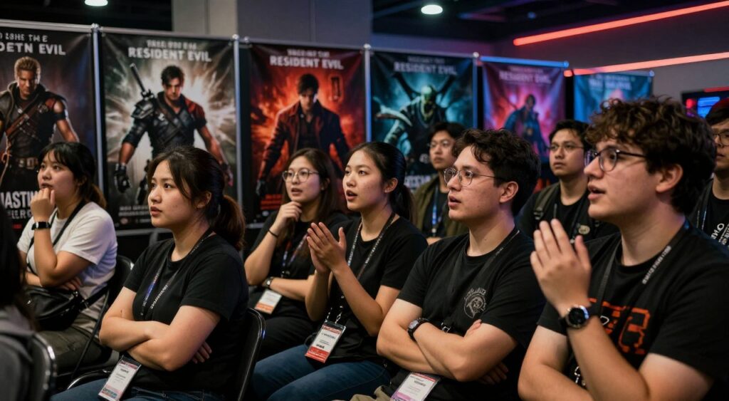 A dynamic fan gathering scene showcasing enthusiastic fans of the Resident Evil franchise discussing their expectations for the new Resident Evil Code Veronica remake. In the foreground, a diverse group of fans, dressed in casual gaming attire, passionately sharing their thoughts, their expressions filled with excitement and anticipation. In the middle ground, posters of Resident Evil characters and iconic creatures are displayed, creating a vibrant atmosphere. The background features a dimly lit, atmospheric gaming convention hall, with neon lights reflecting the horror-themed aesthetics of the game. Soft, focused lighting highlights the fans' faces, while the overall mood is one of suspense and eagerness, evoking the thrill of the upcoming release. The scene captures the essence of community and excitement among gamers, emphasizing their hopes for the remake. A dynamic fan gathering scene showcasing enthusiastic fans of the Resident Evil franchise discussing their expectations for the new Resident Evil Code Veronica remake. In the foreground, a diverse group of fans, dressed in casual gaming attire, passionately sharing their thoughts, their expressions filled with excitement and anticipation. In the middle ground, posters of Resident Evil characters and iconic creatures are displayed, creating a vibrant atmosphere. The background features a dimly lit, atmospheric gaming convention hall, with neon lights reflecting the horror-themed aesthetics of the game. Soft, focused lighting highlights the fans' faces, while the overall mood is one of suspense and eagerness, evoking the thrill of the upcoming release. The scene captures the essence of community and excitement among gamers, emphasizing their hopes for the remake.