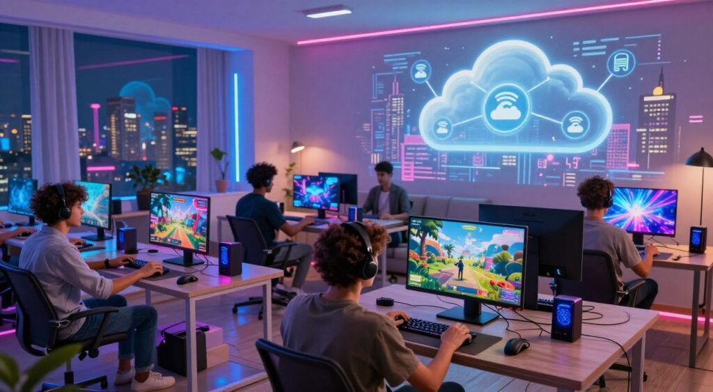 A dynamic scene capturing the essence of cloud gaming in Brazil, focusing on the influence of internet speed and stability. In the foreground, a diverse group of young adults, dressed in casual yet professional attire, are engaged with sleek gaming devices, their faces illuminated by screens showcasing vibrant game graphics. The middle ground features a futuristic living room setting with smart technology, vibrant LED lights, and an impressive display of connectivity icons symbolizing high-speed internet. The background comes alive with an imaginative skyline of a Brazilian city, infused with digital elements representing the cloud infrastructure. Soft, ambient lighting enhances the atmosphere, conveying excitement and innovation. The overall mood is energetic and optimistic, highlighting the potential of cloud gaming in a tech-savvy Brazil.