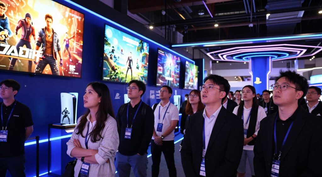 A dynamic scene capturing the excitement of a PlayStation showcase event. In the foreground, a group of diverse individuals, dressed in smart casual attire, are eagerly watching and reacting to trailers on large screens. The middle ground features vibrant displays showcasing iconic PlayStation games with colorful graphics and dynamic trailers in motion, drawing attention. Beyond this, the background depicts a high-tech event venue filled with glowing neon lights and a futuristic atmosphere. The lighting is bright yet vibrant, giving off an energetic feel, while the angles of the shot provide a panoramic view of the event. The overall mood is one of anticipation and thrill, encapsulating the essence of preparing for an immersive viewing experience. A dynamic scene capturing the excitement of a PlayStation showcase event. In the foreground, a group of diverse individuals, dressed in smart casual attire, are eagerly watching and reacting to trailers on large screens. The middle ground features vibrant displays showcasing iconic PlayStation games with colorful graphics and dynamic trailers in motion, drawing attention. Beyond this, the background depicts a high-tech event venue filled with glowing neon lights and a futuristic atmosphere. The lighting is bright yet vibrant, giving off an energetic feel, while the angles of the shot provide a panoramic view of the event. The overall mood is one of anticipation and thrill, encapsulating the essence of preparing for an immersive viewing experience.