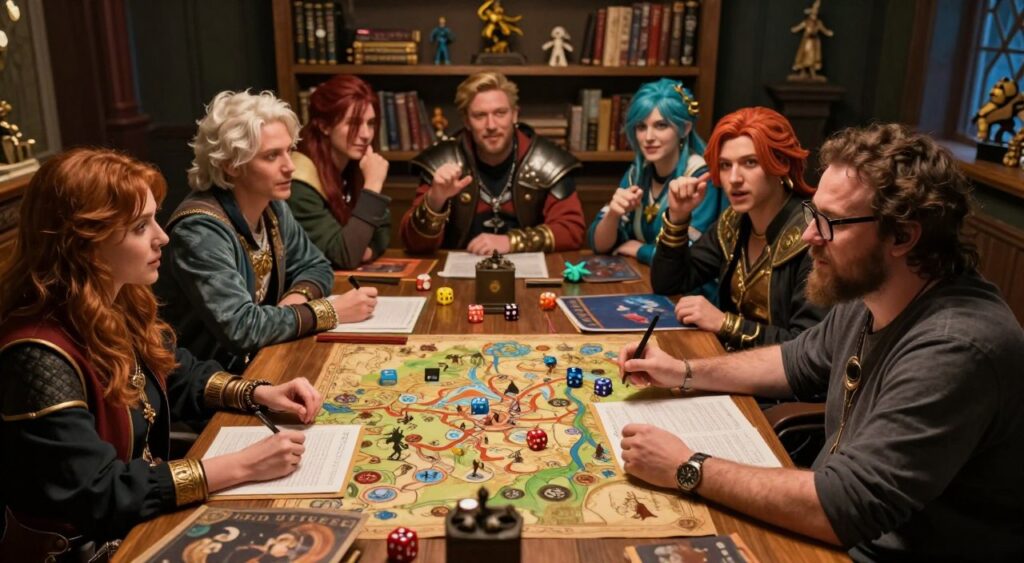 A dynamic scene depicting a passionate game master engaged in a vibrant RPG session, surrounded by an array of colorful character and story elements. In the foreground, a focused game master with glasses sits at a wooden table adorned with dice, character sheets, and a fantasy map, conveying a sense of authority and creativity. In the middle, enthusiastic players lean forward, immersed in their roles, showcasing diverse characters dressed in fantasy attire, harmonizing with the scene. The background features dimly lit shelves stocked with RPG books and figurines, enhancing the atmosphere of adventure and imagination. Soft, warm lighting cast gentle shadows, creating an inviting and immersive mood, capturing the essence of storytelling and strategy in RPG gaming.