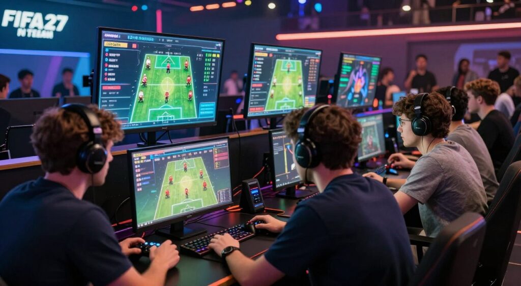 A dynamic scene depicting advanced FIFA 27 Ultimate Team strategies in a competitive gaming environment. In the foreground, a diverse group of focused players, dressed in smart casual attire, intensely strategizing over a high-tech gaming setup, complete with multiple screens and controllers. In the middle ground, digital representations of player stats and tactical formations, glowing brightly, hover above the gaming table, showcasing a blend of data visualizations. The background features a buzzing esports arena with colorful LED lights and an engaged audience, creating a vibrant, competitive atmosphere. Soft focus on the players enhances the tension, while ambient lighting highlights their determination to win. The overall mood is intense and energetic, reflecting the high stakes of the competitive mode. A dynamic scene depicting advanced FIFA 27 Ultimate Team strategies in a competitive gaming environment. In the foreground, a diverse group of focused players, dressed in smart casual attire, intensely strategizing over a high-tech gaming setup, complete with multiple screens and controllers. In the middle ground, digital representations of player stats and tactical formations, glowing brightly, hover above the gaming table, showcasing a blend of data visualizations. The background features a buzzing esports arena with colorful LED lights and an engaged audience, creating a vibrant, competitive atmosphere. Soft focus on the players enhances the tension, while ambient lighting highlights their determination to win. The overall mood is intense and energetic, reflecting the high stakes of the competitive mode.