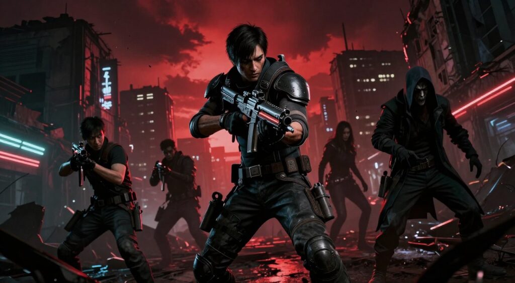 A dynamic scene featuring characters from Resident Evil: Requiem DLC gathered in a tense, post-apocalyptic environment. In the foreground, a courageous, armored protagonist stands ready for action, wielding advanced weapons, while a mysterious antagonist lurks in the shadows with a sinister expression, maintaining eye contact. The middle ground highlights a ruined urban landscape, with crumbling buildings and flickering neon lights that hint at a chaotic battle. In the background, a blood-red sky looms ominously, casting dramatic shadows and creating an eerie atmosphere. The lighting is stark and focused, reminiscent of cinematic horror, while a low-angle perspective emphasizes the characters' determination and the threatening world around them. The mood is intense and suspenseful, capturing the essence of survival in a vast, dangerous landscape. A dynamic scene featuring characters from Resident Evil: Requiem DLC gathered in a tense, post-apocalyptic environment. In the foreground, a courageous, armored protagonist stands ready for action, wielding advanced weapons, while a mysterious antagonist lurks in the shadows with a sinister expression, maintaining eye contact. The middle ground highlights a ruined urban landscape, with crumbling buildings and flickering neon lights that hint at a chaotic battle. In the background, a blood-red sky looms ominously, casting dramatic shadows and creating an eerie atmosphere. The lighting is stark and focused, reminiscent of cinematic horror, while a low-angle perspective emphasizes the characters' determination and the threatening world around them. The mood is intense and suspenseful, capturing the essence of survival in a vast, dangerous landscape.