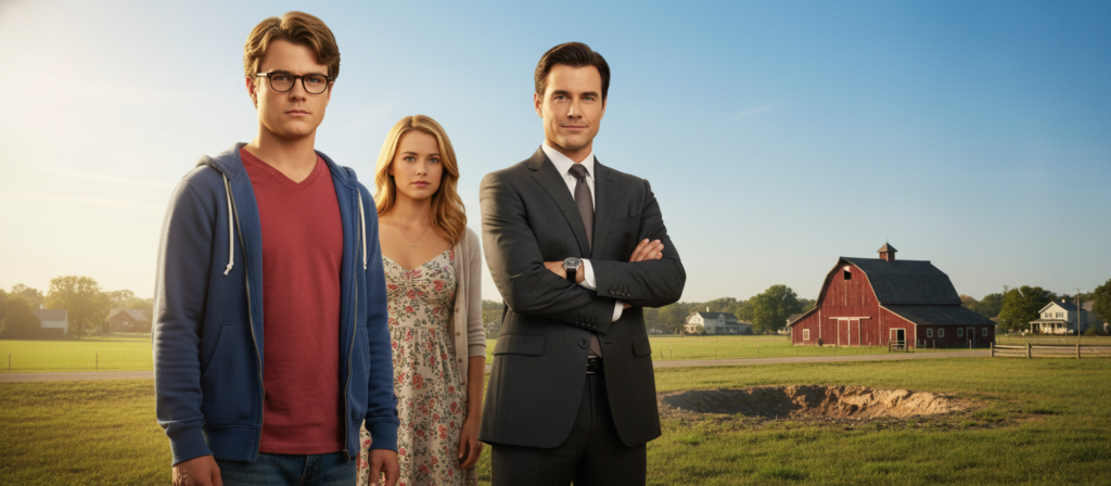 A dynamic scene featuring iconic characters from "Smallville" in a striking arrangement. In the foreground, displaying Clark Kent in his signature glasses and casual yet stylish outfit, exuding determination. Beside him, Lana Lang in a fashionable yet modest ensemble, portraying a sense of hope. In the middle ground, Lex Luthor stands confidently in a tailored suit, conveying authority, with a subtle smirk. Behind them, the lush backdrop of Smallville town with its classic barn and a clear blue sky, creating a nostalgic atmosphere. Use soft, warm lighting to evoke a sense of familiarity and warmth, shot from a slightly low angle to enhance the characters’ presence, embodying the legacy of the series in this engaging portrayal.