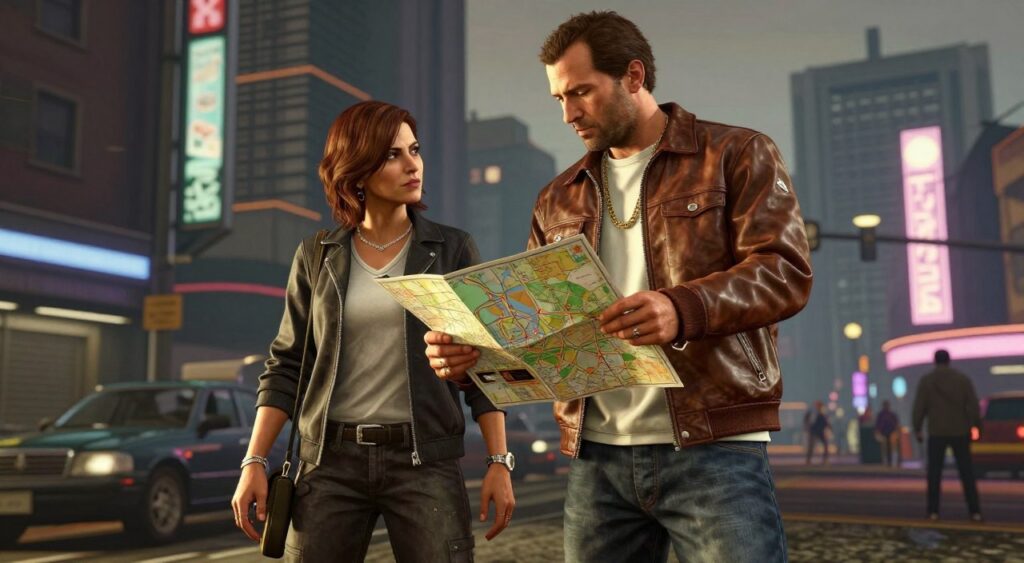 A dynamic scene featuring the two protagonists from GTA 6, engaged in a tense moment of teamwork in an urban setting. In the foreground, the male character, dressed in a stylish leather jacket and fitted jeans, displays a confident stance while holding a digital map, symbolizing strategy. The female character, in a sleek, casual outfit, looks towards him with trust and determination, highlighting their partnership. In the middle ground, a gritty cityscape with neon lights and towering buildings creates an immersive environment reflective of the game’s atmosphere. The background shows a bustling street teeming with activity, hinting at the game's vibrant world. The lighting is dramatic, with contrasting shadows and highlights to enhance the intensity of the moment. The mood conveys a sense of urgency and collaboration, underscoring the theme of reputation and trust in their journey.