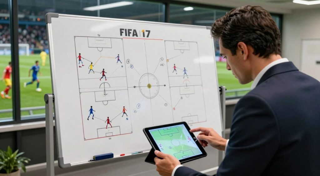 A dynamic scene illustrating FIFA 17 tactical strategies in a football management setting. In the foreground, a well-dressed football manager, wearing a tailored suit, deeply engaged in analyzing tactics on a digital tablet displaying formation diagrams. The middle ground features a large whiteboard filled with various FIFA 17 strategies, marked with player movements and key plays, creating a sense of action and strategy. In the background, a football pitch can be faintly seen through large glass windows, with players in vivid team jerseys practicing different tactical setups. Soft, focused lighting enhances the room's atmosphere, suggesting a serious yet innovative vibe. The angle is slightly elevated, providing a comprehensive view of the manager’s intense brainstorming environment.